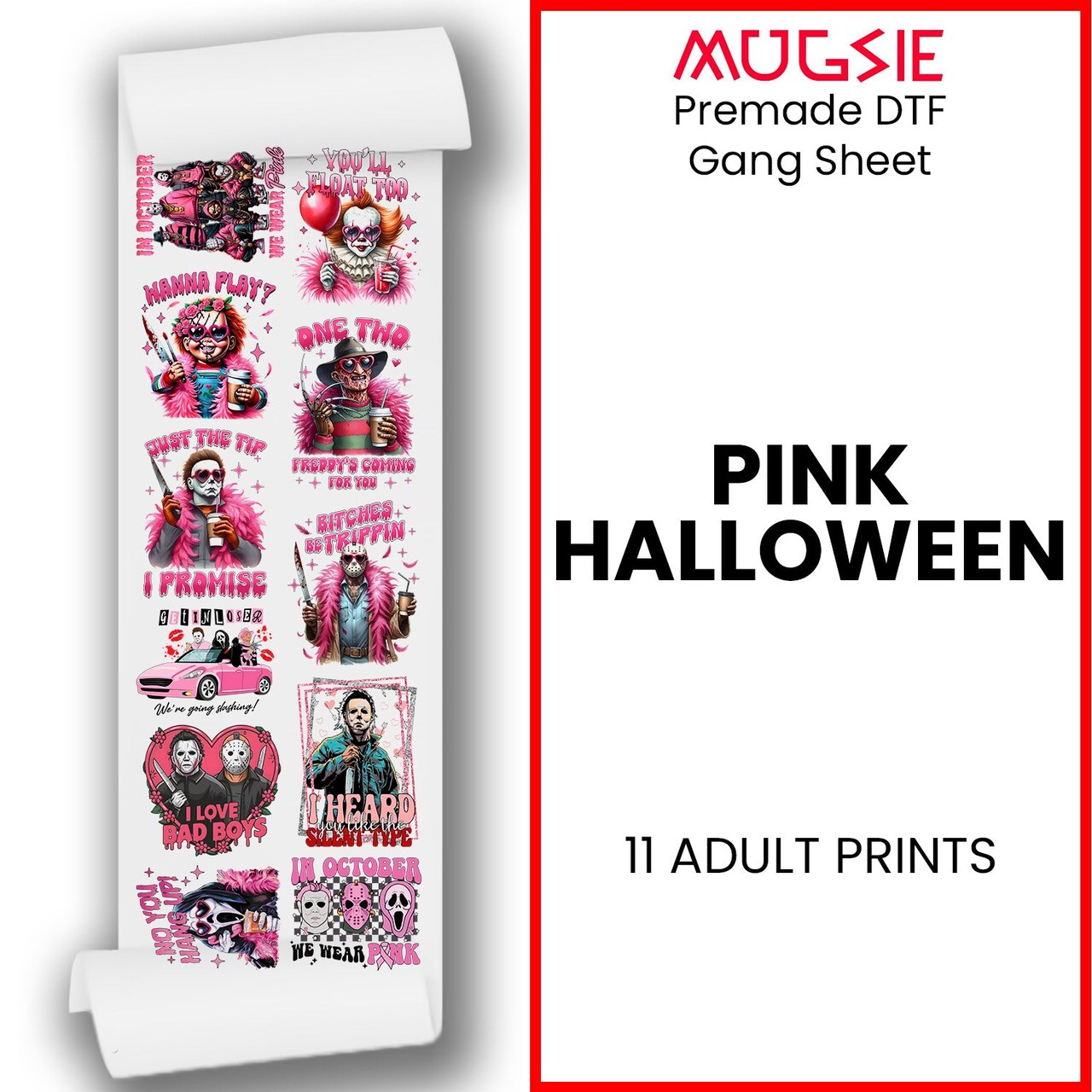 Pink Halloween DTF Transfer 22x60 Direct-to-Film Gang Sheets Iron On Transfers - 11 Adult Prints
